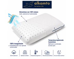 Alkamto Reiskussen Memory Foam – Ergonomisch Nekkussen 40x25x10 cm – Traagschuim – Wasbare Hoes + Extra Katoenen Hoes – Compact met Reistas – Voor Vliegtuig, Auto, Trein & Camping – Wit