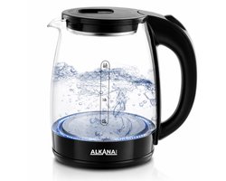 ALKANA - Glazen Waterkoker 1,8L 1500W – Elektrische Waterkoker met LED Verlichting, Automatische Uitschakeling, Droogkookbeveiliging, 360° Draaibare Basis, BPA-vrij, RVS & Glas Design, Snel Koken Waterkoker, Modern Keukenapparaat