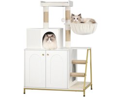 All-in-One Kattenmeubel - Wit - Krabpaal voor Katten - Krabpalen - Katten Huis - inc. Trap - Kattentoiletmeubel - Katten Speelgoed - Kattenbak - 50 x 80 x 121 cm - Grijs/wit - 4 in 1 - Katten Villa