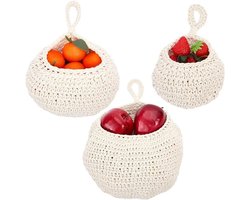 All4You - Handgemaakt Katoenen Hangende Manden - Fruit Groente Opslag - Boho - Geweven Touw - Wandorganizer - Thuis Keuken Restaurant - Beige Wit - Drie Maten - Boheemse - Ui Tas - Traan vorm