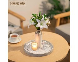 Allecta - Decoratief rond houten dienblad voor op tafel - wit gesneden boho decor - boerderij stijl - cirkelvormig - Ottomaanse middenstuk - keukentafel accessoire - natuurlijk hout.