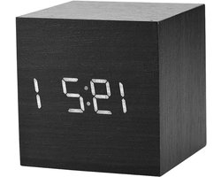 Allecta - Digitale houten tafelklok met alarmen en spraakbesturing voor nachtkastje - Zwart hout, wit licht