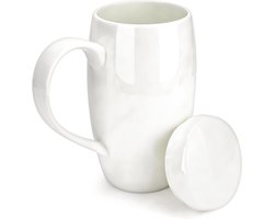 Allecta - Extra grote fijne bone china koffiemok met deksel, wit, voor kantoor en thuisökantoor en thuis, magnetron en vaatwasmachinebestendig.