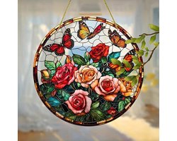 Allecta - Gebrandschilderde rozen vlinder zonnevanger voor in huis - decoratief raamornament met bloemmotief - glazen paneel voor muurdecoratie - geschenk voor verjaardagen.