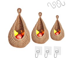 Allecta - Hangmand voor Fruit en Groente: Opbergmand voor aan de Muur, Inclusief Muurstickers en Haken - Handgeweven Katoenen Touw - Decoratieve Mand voor keuken - Set van 3 Stuks