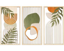Allecta - Houten Boho Wanddecoratie Set van 3 - Vintage Decoratie - Muurkunst voor Woonkamer - Bohemian Style - Groen