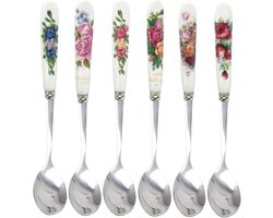 Allecta - Koffielepel, Yoghurtlepel Set van 6 - Porseleinen Handgrepen - Bruiloft, Kerst, Verjaardag - Spiegelglans Gepolijst - Koffie, Keramische Handvat - RVS Theelepel Set