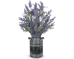 Allecta - Kunstmatige lavendelplant in metalen vaas - Vintage gegalvaniseerde plantenbak - Nepbloem decoratie voor thuis - Rustieke look - Paarse nepbloemen