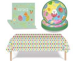 Allecta - Paasfeest Servies Set - 37 Stuks voor Thema Feest - Papieren Borden, Servetten, Tafelkleed - Kleurrijke Paasei en Konijn Decoraties - Diner en Dessertbenodigdheden - Vrolijke Tafeldecoraties