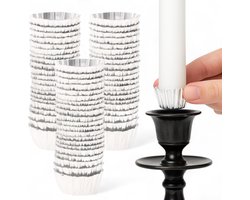Allecta - Set van 120 kaarshouders voor staafkaarsen, aluminium kaarsenkopjes, zilverkleurig, inclusief bevestigingshulp en bescherming tegen ingebrande was.