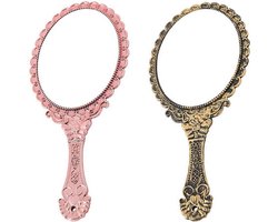 Allecta - Set van 2 Retro Patroon Zakspiegels met Handvat - Vintage Ovale Handspiegels - Make-up Schoonheidstools voor Onderweg - Brons en Roségoud