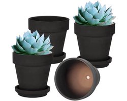 Allecta - Set van 4 kleine zwarte plastic plantenpotten met afvoergat en schotels - Geschikt voor binnen en buiten - Ideaal voor vetplanten