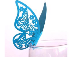 Allecta - Vlinder thema tafeldecoratie voor bruiloft en feest - 25 stuks blauwe laserplaatskaarten met glazen hangers