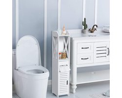 Allecta - Witte houten vrijstaande badkamer WC kast met stoffen plank 80x15.5x15CM.