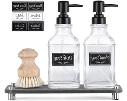 Allecta - Zeepdispenser set voor aanrecht, 2 stuks 530 ml dikke glazen hand- en afwaszeepdispenser met waterabsorberende stenen lade, stijlvolle badkamerdecoratie-accessoires