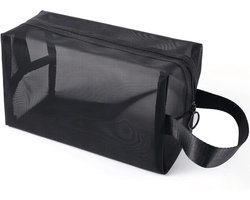 Allecta - Zwarte Mesh Douchetas Ophangtas met Rits en Handvaten - Reis Toilettas - Badkamer Organizer