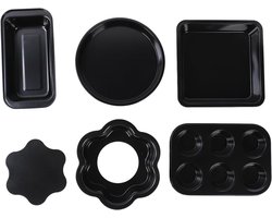 Allecto- 6-delige Bakvormenset - Koolstofstaal - Antiaanbakpannen - Grijze Siliconen Handgrepen - Receptenboekje - Ovenveilig - Toastmuffinpizza (ZWART)