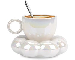 Allecto - Bloem Koffie Cup Schotel Set - Porselein Thee Beker - Zilveren Handvat - Keramische Mok - Creatieve 7 oz 200ml - Kantoor Thuis Geschikt - Parel Wit