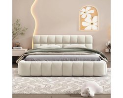 Allecto - Bubbelbed - Tweepersoonsbed - Lattenbodem - 140 x 190 cm - Kanten rand - Jeugdbed - Gestoffeerd - Grijs - Voor kinderen - Linen stof - Matras niet inbegrepen - Modern design en comfortabel - 1503.