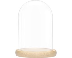 Allecto - Decoratieve Grote Glazen Stolp - Tafeltop Display Case - Natuurlijk Houten Basis - Antiek en Kopstukken - Geschikt voor Fee Lichtjes - Helder - 20cm - Grote Glazen Stolp - Bel Fles met Tray