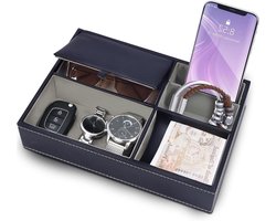 Allecto - Dressoir Organiser Tray - Bureau Opslag Doos - Navyblauw - Nachtkast - Beurs - Telefoon - Sleutels - Sieraden - Mannen Accessoires - Geld - Manchetknopen - Leer - 5 Compartimenten