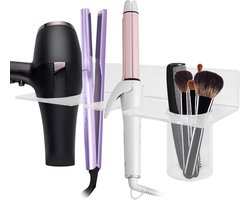 Allecto Föhnstandaard - Wandmontage - Handsfree - Acryl - Opbergbeker - Multifunctioneel - Dyson Föhn - Krultangen - Stijltangen - Transparant - Geschikt voor Badkamer en Kaptafel.