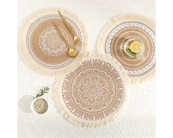 Allecto- Geweven jute placemats - Boho - Mandala design - Set van 2 - Zwarte en witte kleur - Ronde vorm - Tafeldecoratie - Geschikt voor eettafel - 38 cm x 19 cm