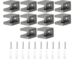Allecto- Glazen klem planksteunen - Verstelbaar - Messing - Plankbeugels - Rubberen pads - Niet-boren - Badkamer - Kast - Wijnrek (zwart) met schroeven - 10 stuks - Geschikt voor 5-8 mm glazen - Zwart model.