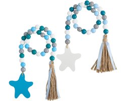 Allecto - Houten kralen slinger - Zee thema - Blauw - Hanger ornament - Jute touw - Gelaagde lade decoratie - Feestdecoratie - Zomer - Zeester - Oceaan - Boerderij - Rustieke kraal - Opknoping hanger - 2 stuks.