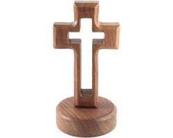 Allecto- Houten kruis met voet - Houten staand kruisbeeld - Bureau-ornament - Walnoot - Religieus kunstwerk - Geschikt voor decoratie en meditatie - Natuurlijke houtkleur.