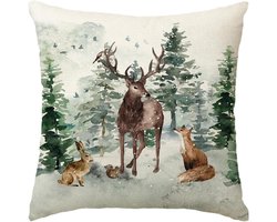 Allecto - Kerst - Kussenhoes - Vos - Winter - Decoratief - Sneeuwvlokken - Kerstkussenhoes, 45x45 cm - Decor - Buiten - Rendier - Pijnbomen - Bank - Woonkamer