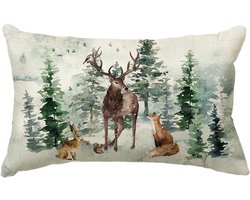 Allecto - Kerstkussenhoes - Winter - 30x50 cm - Decoratief - Sneeuw - Dennenbomen - Kerstmis - Geschikt voor Bank Woonkamer Buitendecoratie - Rood Hert - Groen Vos