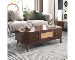 Allecto - Koffietafel - Tafelblad - Modern - Landelijk - Houten pootjes - Lade - Geschikt voor woonkamer - Naturel Rotan Tafel met Massief Houten Latten Schuifdeuren. Moderne Boerderij Theetafel met Lade & Massief Houten Poten.