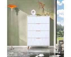 Allecto - Ladekast - Vier laden - Smal en hoog - Hout - Handgrepen - Opbergkast - Wit - Geschikt voor slaapkamer - 60 x 34 x 90 cm ladekast met metalen handgrepen.