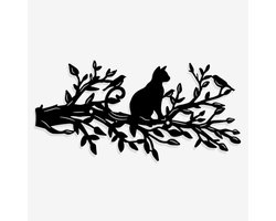 Allecto - Metalen wanddecoratie - Kat en boom - Matte stijl - Silhouet - Muurkunst - Thuis en tuin - Zwart - Geschikt voor binnen en buiten - 14,6 x 30 cm