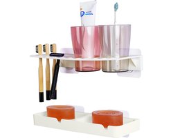 Allecto - Muur Gemonteerde Tandenborstel & Zeephouder - Badkamer Organizer - Zelfklevende - Spoelbekers voor Elektrische Tandenborstel, Tandpasta & Accessoires - Wit met Grijze Accenten