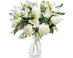 Allecto - Nep Artificiële Bloemen met Vaas - Bloemend Boeket - Zijde Rozen - Orchideeën - Heldere Vaas - Satijnen Lint - Huwelijk Home Decor Kantoor - Tafel & Feest