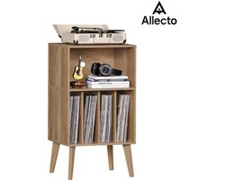 Allecto - Platenspeler Meubel - Moderne Draaitafelstandaard Voor Maximaal 160 Albums - Mid-Century Vinyl Opslaghouder - Tafel Met Houten Poten - Draaitafelkast Display Rek - Eik