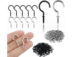 Allecto Plus - 120 stuks 1/2 inch bekerhaken schroef voor hangende planten en kerstdecoratie - Zilver Zwart