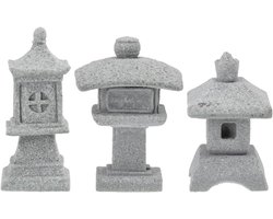 Allecto Plus - 3-delig Japanse stenen lantaarn standbeeld voor zen tuin decoratie, inclusief Aziatische figuren - Mini Oki Gata lantaarn voor micro landschap en vijver ornament - Sprookjestuin sculptuur.