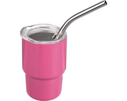 Allecto Plus - 90ml Isolerende Mini Beker met Rietje en Deksel, Set van Shot Glazen voor Cocktails en Koffie - Grappig Cadeau voor Reizen en Feestjes (Roze)
