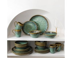 Allecto plus - Aardewerk borden en dipschalen - 20 x 17 cm - 4 personen - Ontbijtborden porselein - Groen design - Serveerschalen met moderne stijl