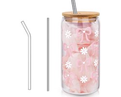 Allecto Plus - Aesthetic Clean Girl drinkglas met deksel en rietje - glas met roze strik - inclusief glazen en metalen rietje - reinigingsborstel - Roze design - Duurzaam en stijlvol - Geschikt voor thuisgebruik