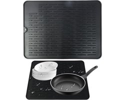 Allecto plus - Afdruipmat 40 x 30 cm voor servies en potten - Hittebestendig en antislip - Siliconen keukenafdruipmat voor gootsteen - Zwarte siliconen mat met potten- en bestekplank - 80 karakters.