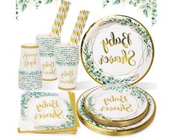 Allecto Plus - Baby Shower Decoraties Set in Saliegroen Thema voor 25 Gasten - 125-delig Servies voor Party Tafeldecoratie met Papieren Borden, Bekers, Servetten en Rietjes