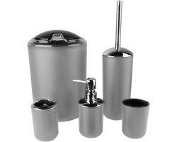 Allecto Plus - Badkamer set met 6 delen voor huis of hotel in wit/zwart/grijs met zeepdispenser, zeepschaal en meer
