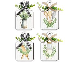 Allecto plus - Boho keuken wanddecoratie met saliegroene planten - Set van 4 - Houten bord hangend eetbord decoratie - Boerderij keuken - Thuis, keuken, bar, café - 15 x 9 cm