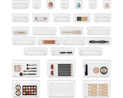 Allecto Plus - Cosmetica Lade Organizer Set (28 stuks) - Transparante Lade Organizers voor Kaptafel - Keuken Lade Organizer Bakken - Bureau Lade Acryl Organizers - Transparante Kunststof Make-up Opslag