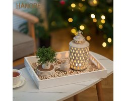 Allecto plus - Decoratief dienblad met handgrepen voor Ottomaanse salontafel - wit met bloemen - Rechthoekig houten dienblad voor woonkamer - Rustieke Boho stijl - Voor decoratie en opslag - Handig voor op de toonbank - 98 characters