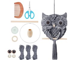 Allecto Plus - DIY Macrame Uil Patroon Wandkleed Set - 90 Meter Katoenen Koord - Beginners Kit met Video Tutorial - Sfeervolle Macrame Wanddecoratie voor Slaapkamer - Grijs Kleurige Macrame.